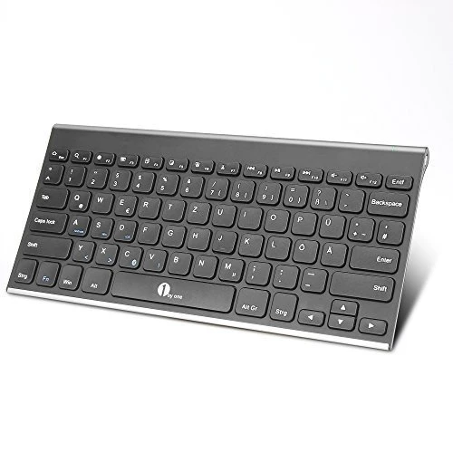 1byone Drahtlose Bluetooth QWERTZ Deutsche Tastatur, Kompatibel für Apple / iPad Air 1+2, iPad mini 1, 2 und 3, iPad 2 / 3 / 4, Windows, Mac OS, Linux, IOS / Android Tablet PC / Galaxy Tabs & Smartphones. Farbe: schwarz