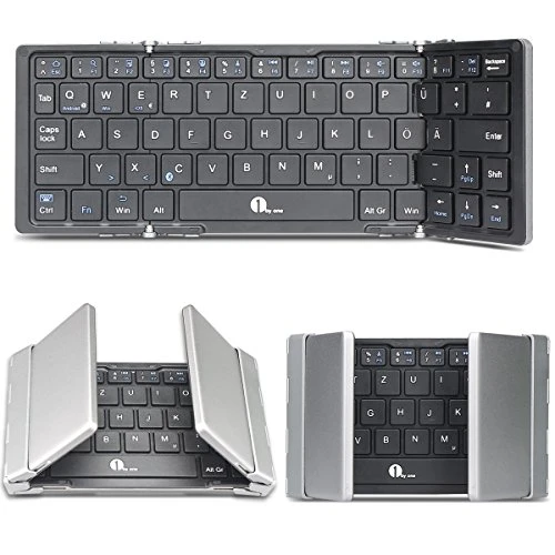 1byone faltbare, drahtlose Bluetooth QWERTZ Deutsche Tastatur für eine Vielzahl von iOS, Windows, Linux und Android Geräten. Farbe: Grau
