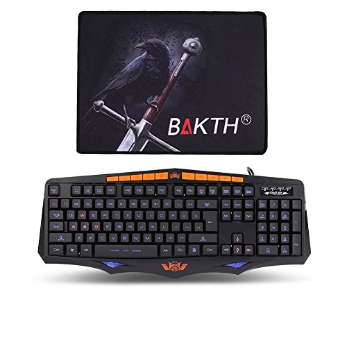 BAKTH Beleuchtete Gaming Tastatur Zeichen mit Hintergrundbeleuchtung (3-Farben Einstellbare Beleuchtung / USB Schnittstelle / US Layout QWERTY / Englisches / Maus-Pad enthalten )